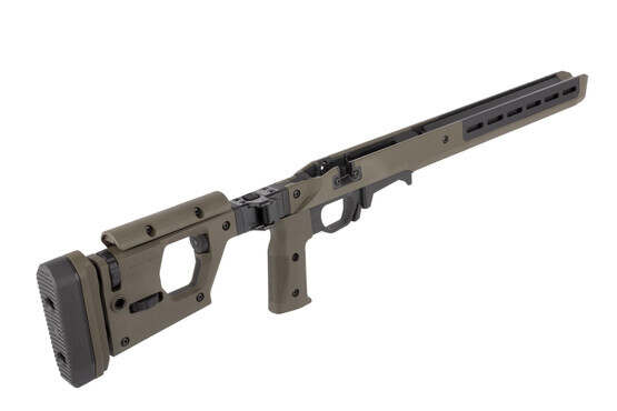 Magpul Pro 700 short action rifle chassis in ODG has an adjustable vertical pistol pistol grip and can be configured left or right